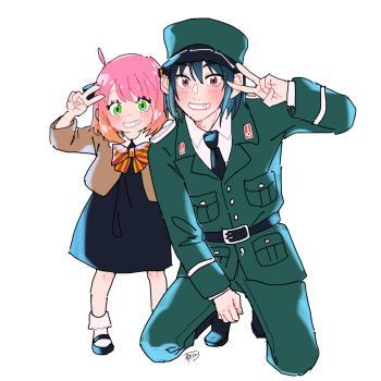 Rule 34 | 1boy, 1girl, ahoge, anya (spy x family), awarinko, belt, black belt, black boots, black dress, black hair, black necktie, black shoes, boots, bow, bowtie, brown jacket, buttons, dress, fingernails, gradient hair, green eyes, green hat, green jacket, green pants, hair ornament, hairpods, hand up, hat, highres, jacket, lapels, long sleeves, looking at viewer, multicolored hair, necktie, orange hair, pants, pink hair, red bow, red bowtie, red eyes, shoes, short hair, simple background, sitting, smile, socks, spy x family, standing, striped bow, striped bowtie, striped clothes, teeth, uncle and niece, v, white background, white socks, yuri briar