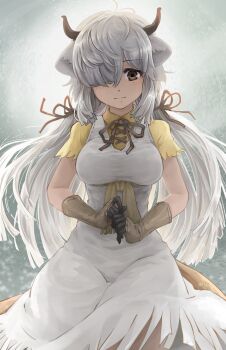 Rule 34 | 1girl, animal ears, antenna hair, backlighting, breasts, brown eyes, brown horns, closed mouth, collared shirt, dress, floating hair, gloves, hair over one eye, hair ribbon, highres, horns, kemono friends, long bangs, long hair, looking at viewer, medium breasts, medium dress, melaton, neck ribbon, own hands together, cow ears, cow horns, ribbon, shirt, short sleeves, smile, solo, taut clothes, taut dress, twintails, very long hair, white dress, white hair, wing collar, yak (kemono friends), yellow shirt