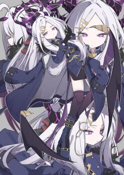 1girl absurdres ahoge black_coat black_gloves black_halo black_skirt black_thighhighs blue_archive breasts coat coat_on_shoulders commentary demon_girl demon_horns demon_wings gloves halo highres hina_(blue_archive) horns long_hair looking_at_viewer low_wings mibashi_(hash1_bam1) skirt small_breasts standing thighhighs white_hair wings