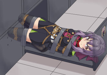 1girl absurdres artist_request bdsm belt black_thighhighs blazer bondage bound bound_arms bound_legs bound_torso breasts brown_eyes crotch_rope epaulettes female_focus frogtie hair_ribbon highres hiiragi_shinoa indoors jacket long_hair looking_at_viewer lying no_shoes on_back owari_no_seraph purple_hair restrained ribbon shibari shibari_over_clothes sidelocks skirt small_breasts smile solo thighhighs translation_request zettai_ryouiki
