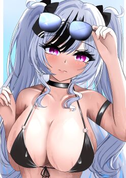 1girl absurdres arm_strap azur_lane bikini black_bow black_choker black_hair blush bow breasts choker cleavage commentary_request curious diamond-shaped_pupils diamond_(shape) elbe_(azur_lane) eyewear_on_head front-tie_bikini_top front-tie_top hair_bow hair_over_eyes hands_up highres large_breasts long_hair multicolored_hair o-ring o-ring_bikini purple_eyes rei_tuki slit_pupils solo sunglasses swimsuit symbol-shaped_pupils two-tone_hair upper_body very_long_hair wavy_mouth wet wet_bikini white_hair