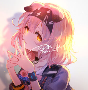 1girl animal_ears arknights black_hairband blue_bow blush bow braid cat_ears closed_mouth collarbone commentary_request dated dqn_(dqnww) goldenglow_(arknights) grey_background grey_jacket hair_between_eyes hair_bow hair_over_shoulder hairband hands_up highres jacket lightning_bolt_print long_hair long_sleeves looking_at_viewer open_clothes open_jacket orange_eyes pink_hair print_hairband puffy_long_sleeves puffy_sleeves shirt signature single_braid solo steepled_fingers upper_body white_shirt