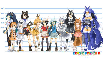 >:) 6+girls :d alternate_costume animal_ears animal_print apron arms_at_sides backpack bag bear_ears bird_tail black_hair blonde_hair blue_eyes blue_hair book bow bowtie brown_bear_(kemono_friends) brown_coat brown_eyes brown_hair cape chart closed_mouth coat crossed_arms dire_wolf_(kemono_friends) dog_(mixed_breed)_(kemono_friends) dog_ears dog_girl dog_tail empty_eyes eurasian_eagle_owl_(kemono_friends) extra_ears facial_mark flying_sweatdrops full_body fur_collar gloves green_eyes green_hair grey_coat grey_hair grey_wolf_(kemono_friends) hair_between_eyes hair_ornament hands_on_own_hips hands_up harness hat_feather height_chart height_difference helmet heterochromia high-waist_skirt high_ponytail highres japanese_wolf_(kemono_friends) kaban_(kemono_friends) kako_(kemono_friends) kemono_friends kemono_friends_2 kemono_friends_r lab_coat layered_sleeves leotard lineup long_hair long_sleeves looking_at_another looking_at_viewer medium_hair miniskirt mugshot multicolored_hair multiple_girls naka_(nicovideo14185763) necktie northern_white-faced_owl_(kemono_friends) open_mouth orange_hair owl_ears pants pantyhose paw_pose pith_helmet plaid_clothes plaid_necktie pleated_skirt ponytail print_bow print_bowtie print_gloves print_skirt red_hair red_shirt serval_(kemono_friends) shirt shoes short_over_long_sleeves short_sleeves shorts shoulder_bag skirt smile socks standing strapless strapless_leotard t-shirt tail thighhighs tomoe_(kemono_friends)_(niconico88059799) torn_clothes two-tone_hair v-shaped_eyebrows very_long_hair vest waist_apron white_hair wolf_ears wolf_girl wolf_tail yellow_eyes zettai_ryouiki