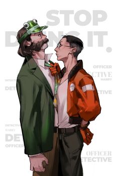 2boys belt black_hair blazer blush bomber_jacket brown_hair buzz_cut clothes_grab collared_shirt disco_elysium facial_hair feet_out_of_frame frog_hat glasses gloves green_jacket hair_slicked_back hand_on_own_hip harry_du_bois hashtag-only_commentary highres jacket kim_kitsuragi looking_at_another male_focus mullet multiple_boys mutton_chops necktie necktie_grab neckwear_grab official_alternate_costume orange_gloves orange_jacket serious shirt shirt_tucked_in short_hair standing sweatdrop uni_barti very_short_hair white_shirt