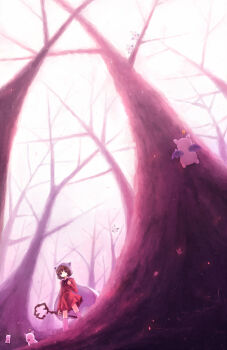 bad_id bad_pixiv_id brown_hair final_fantasy highres leaf moogle nature pink_theme red_eyes robe solo staff tree white_mage_(final_fantasy) yakka