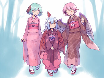 3girls :d alternate_costume animal_ears blue_hair blush brown_kimono clenched_hand commentary_request dog_ears foliage green_eyes green_hair head_wings japanese_clothes kasodani_kyouko kimono multiple_girls mystia_lorelei obi open_mouth pink_hair pink_kimono pink_sash rangycrow red_eyes red_kimono red_sandals red_sash sandals sash short_hair single_head_wing small_horns smile socks tokiko_(touhou) touhou white_background white_socks wings |_|