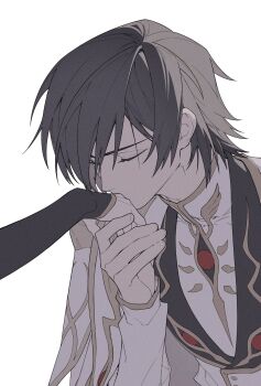 1boy 1other black_hair cloak code_geass eyelashes highres kiss kissing_hand lelouch_vi_britannia linzsig long_sleeves short_hair sidelocks upper_body white_background white_cloak