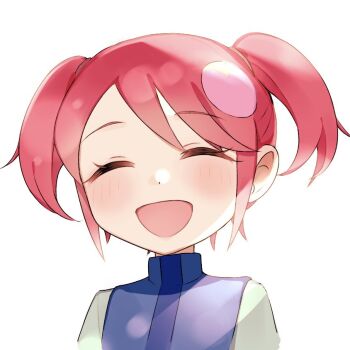 1girl alternate_hairstyle blue_vest blush closed_eyes mayl_sakurai_(mega_man) mega_man_(series) mega_man_battle_network_(series) open_mouth red_hair simple_background smile solo twintails upper_body vest white_background yama_(toaru_puyopuyo)