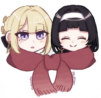 2girls absurdres akasir0kiir0 astra_yao black_hair blonde_hair blush closed_mouth commentary_request earrings evelyn_chevalier hair_intakes hairband head_only heart highres implied_yuri jewelry long_hair mole mole_under_eye multiple_girls open_mouth red_scarf scarf signature simple_background white_background white_hairband zenless_zone_zero