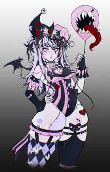 Rule 34 | 1girl, balloon, barbed tongue, bat wings, bell, black leotard, black streaks, black thighhighs, breasts, choppy bangs, commentary, cropped legs, ear piercing, english commentary, face piercing, gradient background, grey background, hair between eyes, hair ornament, hair sprinkles, hat, heterochromia, highres, holding, holding balloon, indie virtual youtuber, jester cap, jingle bell, labret piercing, leotard, long hair, long tongue, looking at viewer, makeup, mismatched thighhighs, multicolored hair, multicolored leotard, mythicsights, neck bell, open mouth, parted lips, piercing, pink eyes, pink leotard, pointy ears, purple eyes, purple hair, second-party source, sharp teeth, skindentation, small breasts, solo, spikes, sprinkle hershy, sprinkles, stitched arm, stitched leg, stitches, streaked hair, teeth, thick thighs, thighhighs, thighs, tongue, tongue out, two-tone leotard, two side up, virtual youtuber, wings