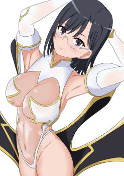1girl armpits arms_up black_hair blue_eyes breasts cleavage closed_mouth clothing_cutout commentary_request commission detached_sleeves glasses highres konori_mii large_breasts medium_hair navel skeb_commission smile solo super_highleg tabu_(tabu_01) toaru_kagaku_no_railgun toaru_majutsu_no_index white_background white_sleeves