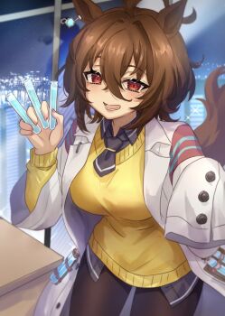 1girl agnes_tachyon_(tach-nology)_(umamusume) agnes_tachyon_(umamusume) ahoge animal_ears black_pantyhose blush breasts brown_hair chemical_structure coat cork earrings hair_between_eyes highres holding holding_test_tube horse_ears horse_girl horse_tail huge_ahoge jewelry lab_coat large_breasts long_sleeves looking_at_viewer medium_hair necktie open_mouth pantyhose red_eyes short_necktie single_earring sleeves_past_fingers sleeves_past_wrists smile solo sweater sweater_vest tail ten-chan_(eternal_s) test_tube umamusume white_coat wolf_cut yellow_sweater yellow_sweater_vest