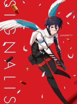 Rule 34 | 1girl, armor, azure-winged magpie, blue eyes, blue wings, breastplate, bullet, commentary, dutch angle, elster (signalis), falling feathers, feathered wings, feathers, highres, looking at viewer, looking to the side, mechanical legs, megumin ichiban, poster (medium), red background, robot girl, shadow, signalis, standing, untranslatable commentary, white feathers, white wings, wings