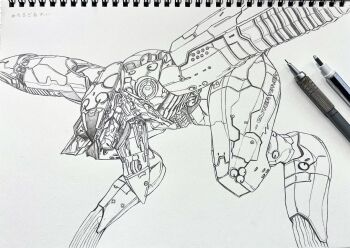 art_tools_in_frame cannon commentary_request graphite_(medium) greyscale highres mecha metal_gear_(robot) metal_gear_(series) metal_gear_ray metal_gear_solid_4:_guns_of_the_patriots military_vehicle monochrome mouth_cannon no_humans non-humanoid_robot outstretched_arms photo_(medium) robot science_fiction seishun_dendeke standing traditional_media translation_request walker_(robot) water_jet_cutter_cannon weapon