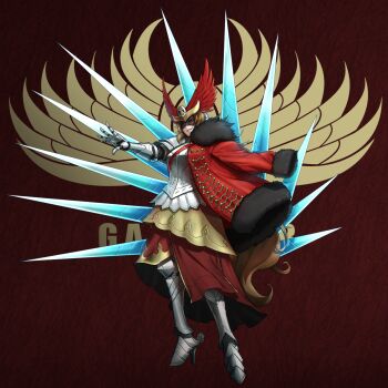 1girl armor armored_boots black_mask boots brown_hair commentary domino_mask eidenjyou1997 emblem english_commentary evil_smile eye_mask floating floating_object floating_weapon full_body fur_trim gauntlets genderswap genderswap_(mtf) helmet high_heel_boots high_heels highres kamen_rider kamen_rider_amazon_(series) long_hair looking_at_viewer mask polearm red_background red_eyes smile solo spear spurs standing teeth true_emperor_zero very_long_hair weapon