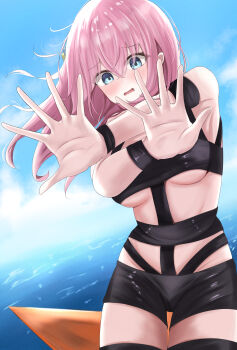 Rule 34 | 1girl, absurdres, blue eyes, blue sky, bocchi the rock!, breasts, cloud, cube hair ornament, day, embarrassed, gotoh hitori, hair ornament, highres, long hair, medium breasts, ocean, outdoors, outstretched arms, pink hair, revealing clothes, samidarekinoko, sky, solo, t.m.revolution, underboob, water