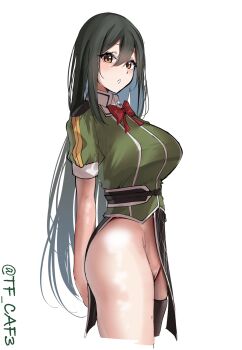 1girl absurdres black_gloves black_hair bow bowtie breasts brown_eyes chikuma_(kancolle) commentary_request from_side gloves highres hip_focus interlocked_fingers kantai_collection large_breasts long_hair looking_at_viewer looking_to_the_side no_panties one-hour_drawing_challenge pelvic_curtain pussy ribbon short_sleeves side_slit simple_background single_glove single_thighhigh solo standing tf_cafe thighhighs thighs twitter_username very_long_hair white_background