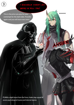 Rule 34 | ..., 1boy, 2girls, absurdres, ahoge, angry, antenna hair, arknights, black cape, black gloves, black jacket, black pantyhose, black robe, black skirt, blood, blush, cape, clenched teeth, closed mouth, commentary, constricted pupils, crossed bangs, crossover, darth vader, english commentary, english text, facial scar, gloves, green hair, grey hair, grey shirt, hair between eyes, hansi, helmet, highres, horns, hoshiguma (arknights), jacket, long hair, long sleeves, looking at another, miniskirt, multicolored hair, multiple girls, nosebleed, open clothes, open jacket, orange hair, pantyhose, pleated skirt, profile, robe, scar, scar on cheek, scar on face, shirt, short hair with long locks, simple background, single horn, skin-covered horns, skirt, speech bubble, standing, star wars, streaked hair, teeth, trembling, w (arknights), white background, yellow eyes