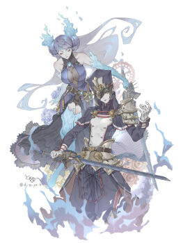 2girls artist_name black_hair blue_fire blue_flower breasts brighid_(xenoblade) closed_eyes closed_mouth dress fiery_hair fire flower hashtag-only_commentary highres holding holding_sword holding_weapon large_breasts long_dress morag_ladair_(xenoblade) multiple_girls ryokuyuu simple_background standing sword twitter_username visor_(armor) weapon whip_sword white_background xenoblade_chronicles_(series) xenoblade_chronicles_2
