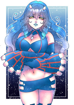 1girl absurdres ao_(yashuring) bare_shoulders black_sclera blue_hair blue_lips breasts choppy_bangs cleavage cleavage_cutout closed_mouth clothing_cutout colored_eyelashes colored_sclera commission cropped_shirt crossed_arms detached_sleeves drill_hair eyelashes gen_3_pokemon gloves groin hair_between_eyes hair_ornament highres jewelry kyogre large_breasts legendary_pokemon long_hair makeup navel nintendo out_of_frame pendant personification pokemon pokemon_rse sharp_teeth short_shorts shorts skeb_commission solo stomach teeth v-shaped_eyebrows wavy_hair yellow_eyes