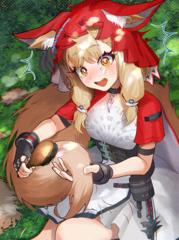1girl absurdres animal_ear_fluff animal_ears apple arknights arknights:_endfield black_gloves brushing_tail cloak collarbone commentary_request ears_through_headwear fang fingerless_gloves food fruit gloves highres holding holding_brush hood hooded_cloak looking_at_viewer medium_hair outdoors pouch red_hood rossi_(arknights) short_twintails solo twintails wolf_ears wolf_girl yellow_eyes yu_arima