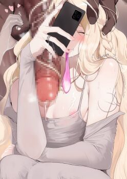 2boys blonde_hair blush braid cellphone censored charles_(gu599) closed_eyes condom condom_in_mouth contemporary cum cum_in_mouth dark-skinned_male dark_skin dongtan_dress dress elden_ring elden_ring:_shadow_of_the_erdtree girly_boy grey_dress hand_on_another&#039;s_head heart highres holding holding_phone huge_penis jewelry korean_commentary long_hair miquella_(elden_ring) mosaic_censoring mouth_hold multiple_boys multiple_braids necklace nipple_slip nipples off_shoulder penis penis_on_face phone ring smartphone smile solo_focus squeezing_testicles testicles trap used_condom very_long_hair wavy_hair