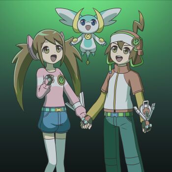 1boy 1girl :d ahoge badge beanie belt belt_buckle black_background black_gloves blue_eyes blue_pants blue_shorts blush bracer brass_knuckles brown_hair buckle button_badge clenched_hand collarbone colored_tips commentary commission creature dark_background dot_nose dragon earflap_beanie feet_out_of_frame fingerless_gloves gloves gradient_background green_background hair_between_eyes hair_ornament hand_up hat hat_ornament highres holding_hands horizontal-striped_clothes iroha_(p&amp;d) jacket kato-shun knees_together_feet_apart layered_sleeves legs_apart lightning_ahoge long_hair long_sleeves looking_up midair multicolored_hair multicolored_jacket open_mouth orange_eyes orange_hair orange_sleeves pants pink_shirt pixiv_commission puzzle_&amp;_dragons puzzle_&amp;_dragons_z red_hat red_jacket shirt short-sleeved_jacket short_hair short_shorts short_sleeves shorts smile standing syrup_(p&amp;d) thighhighs turtleneck turtleneck_jacket two-tone_hair two-tone_jacket weapon white_dragon white_jacket white_thighhighs z_(p&amp;d) zipper