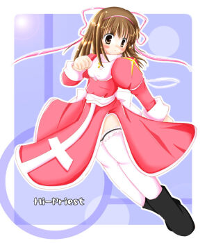 1girl 2000s_(style) back_bow black_boots blue_background blush boots bow breasts brown_eyes brown_hair character_name closed_mouth commentary_request cross cross_necklace dress full_body hair_ribbon hairband high_priest_(ragnarok_online) jewelry juliet_sleeves koba-p lens_flare long_hair long_sleeves looking_down necklace pink_hairband pink_ribbon puffy_sleeves ragnarok_online red_dress ribbon sash small_breasts solo thighhighs two-tone_dress white_bow white_dress white_sash white_thighhighs