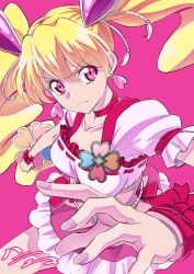 Rule 34 | 1girl, blonde hair, bow, choker, collarbone, cure peach, dress, earrings, foreshortening, fresh precure!, frilled dress, frills, frown, h-new, hair ornament, heart, heart earrings, heart hair ornament, highres, jewelry, long hair, magical girl, making-of available, momozono love, nail polish, pink background, pink eyes, pink nails, precure, twintails, very long hair