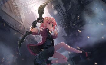 1girl belt chunithm closed_mouth coat commentary_request cosplay firing fudeshima_shigure game_cg gun highres holding holding_gun holding_weapon jacket long_hair long_sleeves looking_at_viewer mithra_tercera mithra_tercera_(cosplay) official_art pink_hair rain rifle shoes solo third-party_source weapon world_dai_star