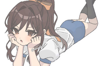 :o blue_buruma bow buruma commentary_request gym_shirt gym_uniform hair_ribbon hands_on_own_cheeks hands_on_own_face legs_up long_hair lying nanonome official_alternate_hairstyle on_stomach open_mouth orange_bow puffy_short_sleeves puffy_sleeves ribbon shirt short_sleeves simple_background suzumiya_haruhi suzumiya_haruhi_no_yuuutsu the_pose tongue white_background