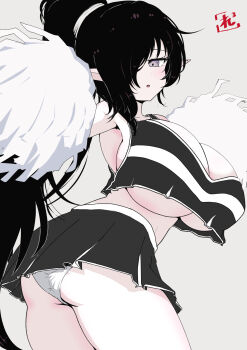 1girl ass black_hair black_skirt blush breasts cheerleader cleavage crop_top crop_top_overhang grey_background grey_eyes hair_over_one_eye highres holding holding_pom_poms huge_breasts long_hair looking_at_viewer midriff miniskirt one_eye_covered original panties pleated_skirt pointy_ears pom_pom_(cheerleading) pom_poms ponytail reiwa_rerere simple_background skirt solo underboob underwear very_long_hair white_panties