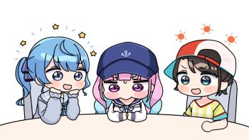 3girls :d anchor_symbol baseball_cap black_hair blue_eyes blue_hair blue_hat blue_sailor_collar blush_stickers bow braid cardigan chair chibi commentary_request grey_cardigan hair_bow hat highres hololive hoshimachi_suisei hoshimachi_suisei_(sailor) long_hair long_sleeves low_twintails minato_aqua minato_aqua_(sailor) mochimiko multicolored_hair multiple_girls on_chair oozora_subaru oozora_subaru_(1st_costume) open_cardigan open_clothes open_mouth pink_hair puffy_long_sleeves puffy_sleeves purple_eyes sailor_collar school_uniform serafuku shirt short_sleeves side_ponytail sideways_hat simple_background sitting sleeves_past_wrists smile star_(symbol) star_in_eye striped_bow striped_clothes striped_shirt sun_symbol symbol_in_eye table twin_braids twintails two-tone_hair upper_body v-shaped_eyebrows vertical-striped_clothes vertical-striped_shirt virtual_youtuber white_background white_sailor_collar white_shirt yurie_mouth