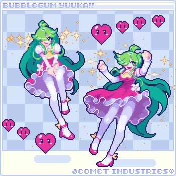 1girl ascot comet_summoner98 dress green_eyes green_hair heart kazami_yuuka kazami_yuuka_(pc-98) long_hair long_sleeves pantyhose pinafore_dress plaid_background sleeveless sleeveless_dress smile sparkle touhou touhou_(pc-98) white_pantyhose yellow_ascot