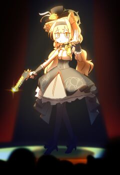 1girl \||/ animal_ear_fluff animal_ears black_headband black_overskirt black_pantyhose blue_archive blush cat_ears choker commentary_request cosplay desert_eagle dress flower fluffy_hair frilled_choker frills glint grey_dress grey_feathers gun halo hand_up handgun hat hat_flower headband high_heels highres holding holding_gun holding_weapon idol_clothes looking_at_viewer low_twintails mari_(blue_archive) mari_(blue_archive)_(cosplay) mari_(idol)_(blue_archive) mini_hat mini_top_hat official_alternate_costume ojibi orange_hair pantyhose people rose sitting solo spotlight stage top_hat twintails weapon wrist_wrap yellow_flower yellow_halo yellow_rose