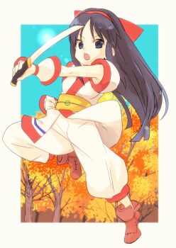 1girl ainu_clothes autumn_leaves black_hair blue_eyes breasts clenched_hand fingerless_gloves forest gloves hair_ribbon highres leaf leg_lift leg_up legs long_hair looking_at_viewer nakoruru nature open_mouth outstretched_arm pants ribbon samurai_spirits serious small_breasts snk solo teeth the_king_of_fighters thighs tongue weapon