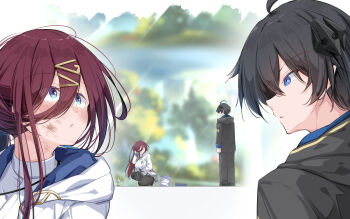 Rule 34 | 1boy, 1girl, aged down, ahoge, black hair, black hoodie, black pants, black shoes, blue eyes, blurry, blurry background, blush, commentary request, darcia (stella sora), dirt, dirty, dirty face, extra pupils, gardening, hair between eyes, hair ornament, hairclip, highres, hood, hoodie, kneeling, long hair, male tyrant (stella sora), messy hair, oriue wato, pants, pointy ears, ponytail, shoes, short hair, standing, stella sora, tyrant (stella sora), white hoodie, white shoes, zoom layer