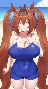 1girl animal_ears beach blue_one-piece_swimsuit blue_sky breasts brown_hair cleavage closed_mouth cowboy_shot daiwa_scarlet_(umamusume) day double-parted_bangs hair_between_eyes hair_intakes hand_on_own_chest highres horse_ears horse_girl huge_breasts long_hair looking_at_viewer one-piece_swimsuit outdoors red_eyes shou_illust sky solo sweat swimsuit thighs tiara twintails umamusume very_long_hair