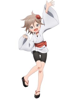 1girl :d ahoge anime_coloring arm_up bike_shorts black_sandals blush breasts brown_eyes brown_hair choker clenched_hand collarbone flat_chest flipped_hair flower full_body hair_between_eyes hair_flower hair_ornament hand_up japanese_clothes kagetsu_(kunoichi_tsubaki_no_mune_no_uchi) kimono kunoichi_tsubaki_no_mune_no_uchi long_sleeves looking_at_viewer ninja obi official_art okobo okuda_yousuke open_hand open_mouth outstretched_arm palms platform_sandals red_choker red_flower sandals sash short_hair short_kimono simple_background smile solo spread_fingers standing standing_on_one_leg tachi-e transparent_background wide_sleeves zouri