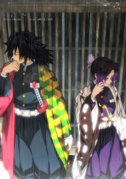 1boy 1girl absurdres animal_print belt black_hair black_hakama black_jacket breasts butterfly_hair_ornament butterfly_print butterfly_print_haori cowboy_shot demon_slayer_uniform feet_out_of_frame gold_buttons hair_ornament hakama hakama_pants haori highres jacket japanese_clothes katana kimetsu_no_yaiba kochou_shinobu long_hair low_ponytail medium_breasts niku_(ni23ku) pants parted_bangs ponytail print_haori purple_eyes purple_hair rain sidelocks sword tomioka_giyuu twitter_username updo weapon wet white_belt wide_sleeves wiping_face