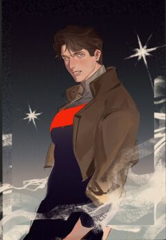 1boy bat_signal batman_(series) batman_symbol black_hair blue_eyes bodysuit brown_jacket commentary dc_comics english_commentary grey_bodysuit highres jacket jason_todd male_focus multicolored_bodysuit muscular muscular_male open_clothes red_hood_(dc) red_hood_and_the_outlaws saiwen_713z short_hair superhero_costume taut_bodysuit two-tone_bodysuit