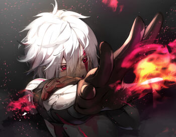 Rule 34 | 1boy, arm guards, bell cranel, black gloves, blood, blood on face, commentary request, dungeon ni deai wo motomeru no wa machigatteiru darou ka, dutch angle, fighting stance, fire, foreshortening, gloves, grey background, light particles, looking at viewer, male focus, open mouth, outstretched arm, outstretched hand, pyrokinesis, red eyes, senji (tegone spike), short hair, simple background, smoke, solo, spiked hair, teeth, upper body, v-shaped eyebrows, white hair