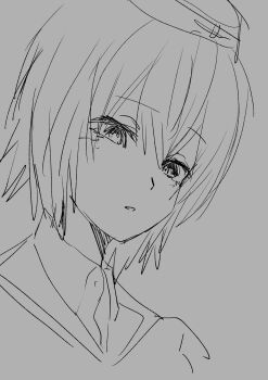 Rule 34 | 1girl, absurdres, blush, collared shirt, cross, garrison cap, girls und panzer, greyscale, hair between eyes, hat, highres, jacket, kuromorimine military uniform, looking down, monochrome, nishizumi maho, open mouth, shirt, short hair, sketch, yayuna kaitati