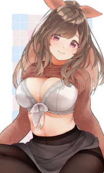 1girl blush border bow bow_bra bra breasts brown_hair brown_pantyhose cleavage closed_mouth clothes_lift cowboy_shot frilled_bra frills grey_skirt hair_bow head_tilt highres idolmaster idolmaster_shiny_colors lace lace-trimmed_bra lace_trim large_breasts long_hair long_sleeves looking_at_viewer miniskirt navel orange_bow orange_sweater outside_border pantyhose patterned_background pekoni_(peconi) pink_eyes ponytail ribbed_sweater sidelocks sitting skirt smile solo square sweater sweater_lift thighband_pantyhose tsukioka_kogane underwear white_border white_bra