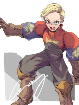 1boy argath_thadalfus black_pantyhose blonde_hair boots brown_boots brown_eyes brown_gloves crazy02oekaki final_fantasy final_fantasy_tactics foot_out_of_frame furrowed_brow gloves high-waist_pants highres looking_at_viewer male_focus open_mouth outstretched_hand pants pantyhose short_hair shouting signature solo swept_bangs white_background