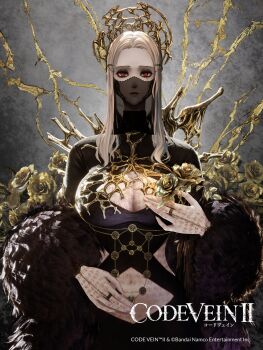 1girl 3d absurdres black_dress blonde_hair breasts cleavage code_vein code_vein_ii commentary_request crown dress expressionless flower highres jewelry large_breasts lavinia_voda long_hair looking_at_viewer mouth_veil official_art red_eyes ring rose solo veil