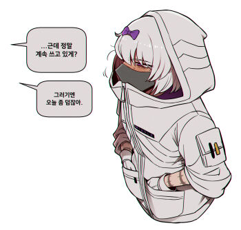1girl arm_tattoo blush bow commentary_request covered_mouth english_text gloves hair_bow hand_in_pocket highres hood hood_up hoodie jacket kira_(project_moon) korean_commentary korean_text limbus_company mask messy_hair misg1111 mouth_mask pouch project_moon purple_bow purple_eyes short_hair simple_background sleeves_rolled_up solo speech_bubble sweat tattoo translated white_background white_gloves white_hair white_hoodie white_jacket