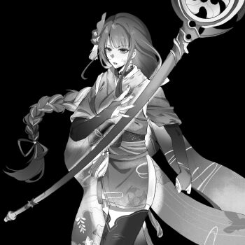 Rule 34 | 1girl, alternate costume, artist request, beaten, black background, blunt bangs, braid, bridal gauntlets, bruise, bruise on face, bruise on hand, chinese commentary, clenched hand, commission, electro symbol (genshin impact), flower ornament, genshin impact, hair ornament, hair ribbon, highres, holding, holding polearm, holding weapon, injury, japanese clothes, kimono, long braid, looking to the side, mitsudomoe (shape), mole, mole under eye, monochrome, multicolored hair, parted lips, polearm, raiden shogun, ribbon, sash, second-party source, shade, simple background, single braid, sleeves rolled up, solo, standing, streaked hair, thighhighs, tomoe (symbol), upper body, weapon