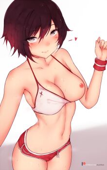 1girl armpits black_eyes black_hair bluefield blush breasts cameltoe cleavage collarbone covered_erect_nipples cowboy_shot crop_top female_focus highres looking_at_viewer medium_breasts midriff navel nipples one_breast_out reaching reaching_towards_viewer ruby_rose rwby selfie short_hair short_shorts shorts smile solo standing sweat wristband