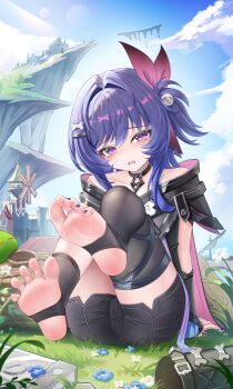 1girl absurdres asymmetrical_legwear bare_shoulders black_shorts black_socks black_thighhighs blue_hair blush collarbone eyelashes full_body genshin_impact grass highres jndfh loli nail_polish outdoors prune_(genshin_impact) purple_eyes purple_nails shorts single_sock single_thighhigh sitting socks soles solo thighhighs thighs